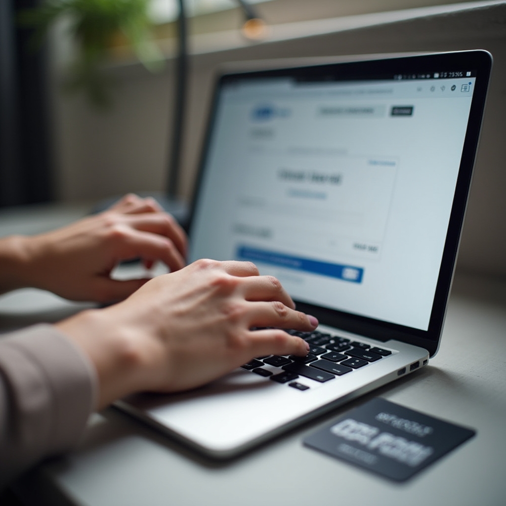 Hands typing on a laptop during an online purchase with a gift card on the desk